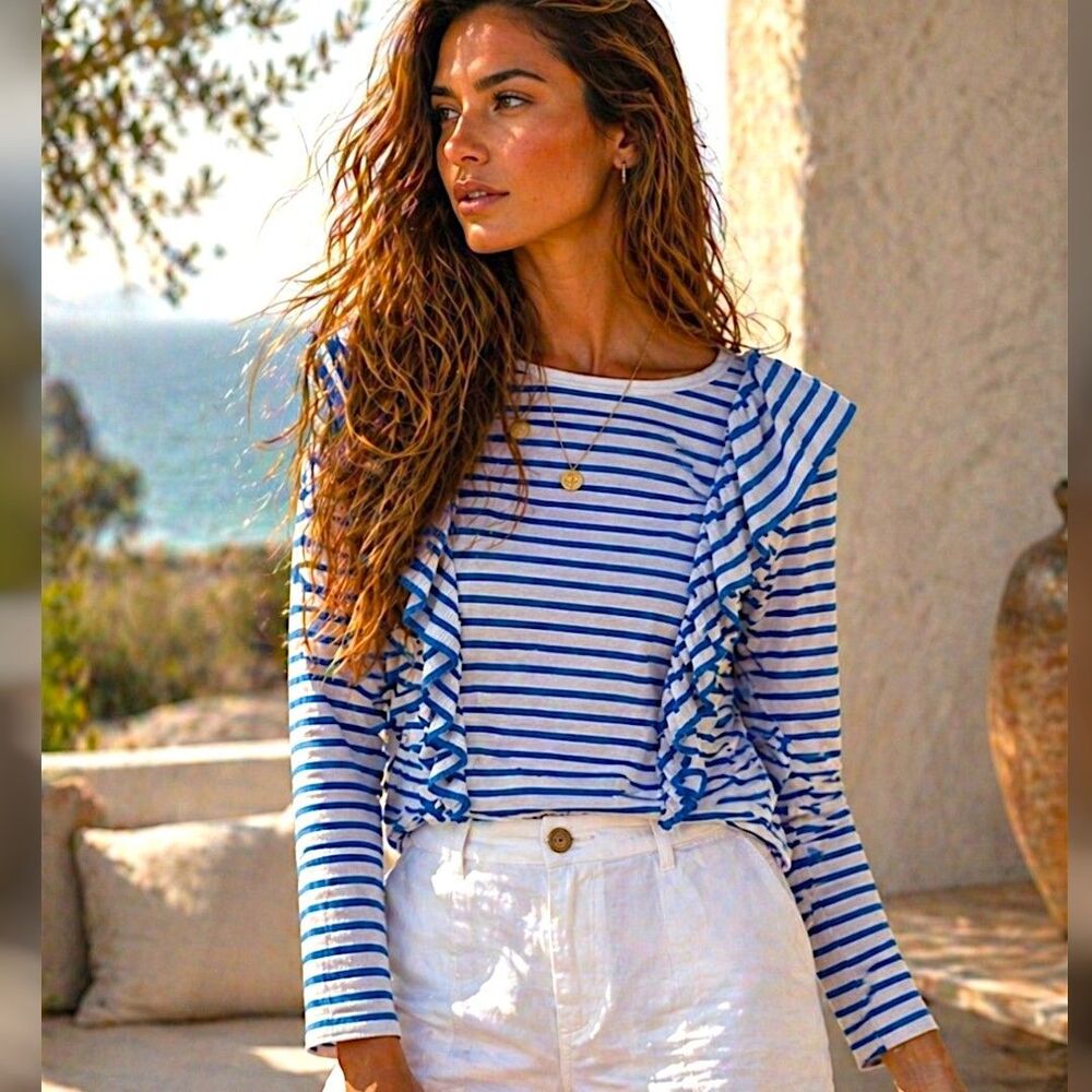 Lilly Pulitzer Top Sz S Blue White Coastal Stripe Ruffle Long Sleeve Preppy Top